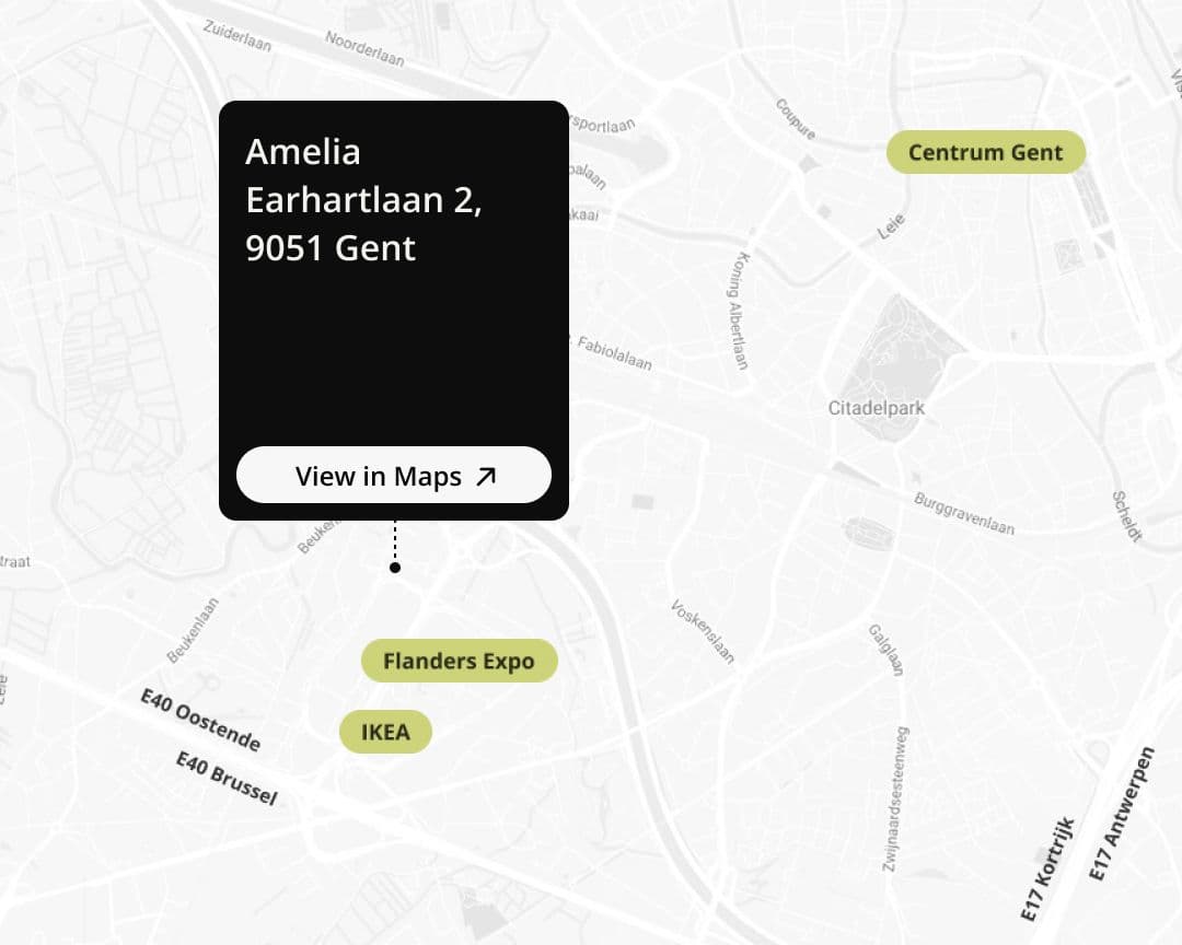 Map showing Spinae office location at Amelia Earhartlaan 2,
9051 Gent